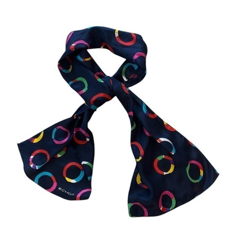 ECHO | Vintage navy blue designer silk scarf w/ colorful rings design
